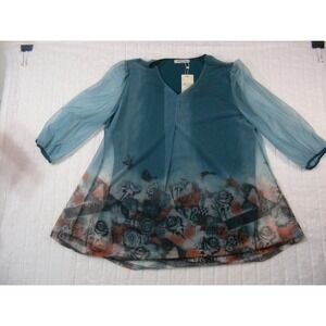 Sese Code Tunic Top Women 2XL Teal Blue New Mesh Overlay Floral Graphic V-Neck